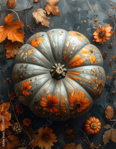 A large gray pumpkin decorated with orange floral patterns sits amid autumn leaves and smaller pumpkins on a textured dark surface.