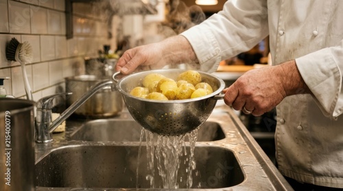A close-up of a chef's hands placing boiled potatoes into a colander to drain, the potatoes steaming, the water draining. The chef's hands are steady and careful. The background shows a kitchen sink.