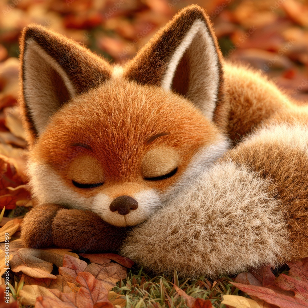 Naklejka premium A fox character is curled up and sleeping in a bed of leaves in a forest during autumn. Its fur is vibrant and soft.