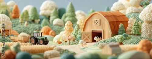 Miniature farm scene with barn, tractor, and animals