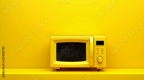 vintage yellow microwave oven standing on bright yellow background