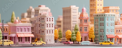 Pastel-toned miniature city with buildings and vehicles