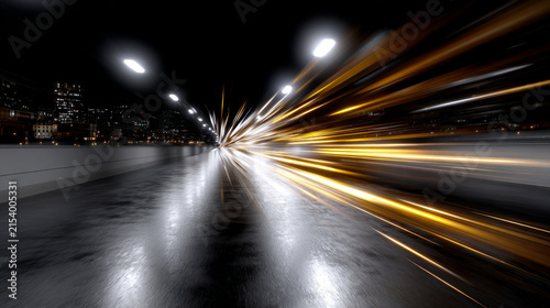 Dynamic urban night scene showcases captivating light streaks, creating an intense sense of motion and speed. This energetic visual portrays thrilling journey through dark tunnel, evoking