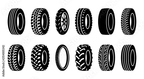 Set of 12 Vector Tire Icons, Vehicle Wheels, Tread Patterns, Automotive Transport Graphics