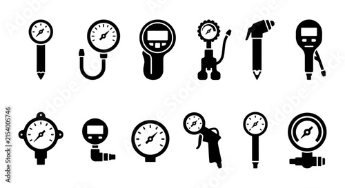 Pressure Gauge Icons, Tire Pressure Meter Collection, Air Measurement Tools, Digital and Analog Devices