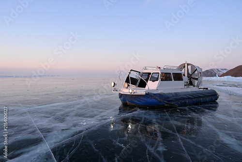 Hovercraft on Lake Baikal in winter. Olkhon Gate Strait