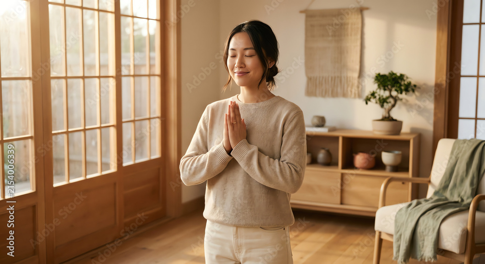 Fototapeta premium Woman meditating indoors, prayer pose, serene atmosphere, natural light
