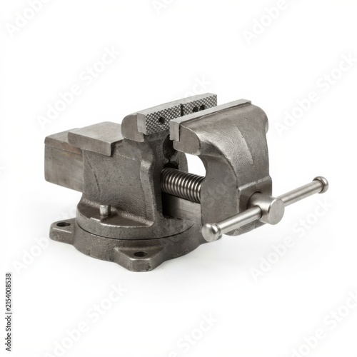 Metal bench vise clamp on white background