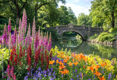Beautiful garden scene with colorful flowers and a charming stone bridge over calm water