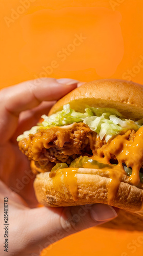 Creative stylist chicken burger food photography concept with vibrant colors and modern composition