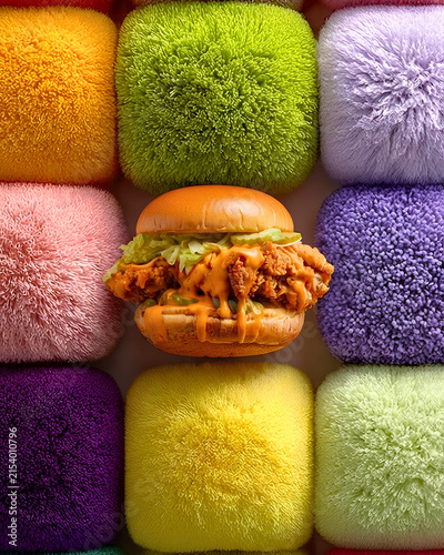 Creative stylist chicken burger food photography concept with vibrant colors and modern composition