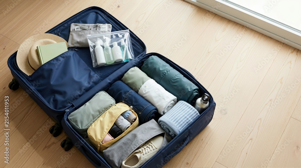 Fototapeta premium Neatly packed open suitcase on wooden floor. Organized travel luggage with rolled clothes, packing cubes and toiletries