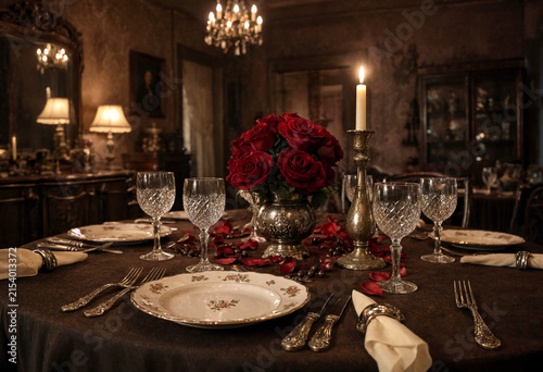 Elegant formal dinner table setting with red roses candlelight and crystal glasses in vintage room decor