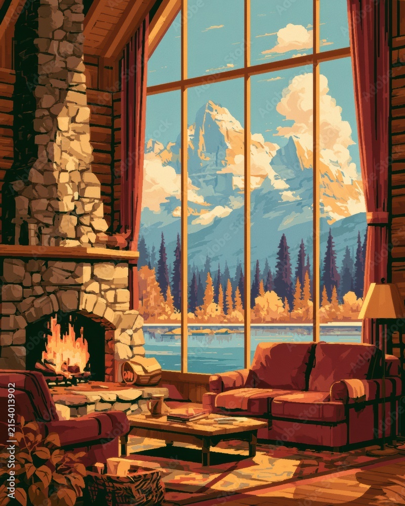 Obraz premium Cozy lodge with a stone fireplace and comfortable furniture overlooks mountains and trees through large windows in autumn.