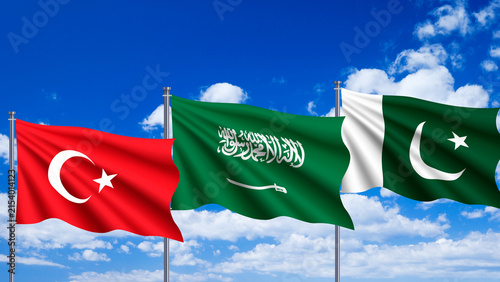 Quadro su tela Flags of Turkey, Saudi Arabia, and Pakistan Waving Together Symbolizing Partners