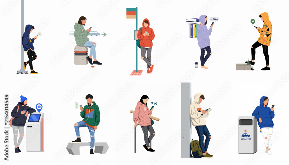 Fototapeta premium Collection of diverse young people in streetwear using mobile phones and apps while waiting or commuting in minimalist urban settings, isolated on white.