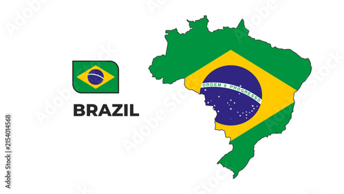 Vector illustration of Brazil country map silhouette patterned with the Brazilian national flag. Includes Brazilian flag icon and Brazil typography isolated on a white background.