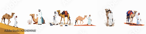 Collection of vector illustrations featuring Arab men in traditional clothing and camels in various desert scenarios on a white background.