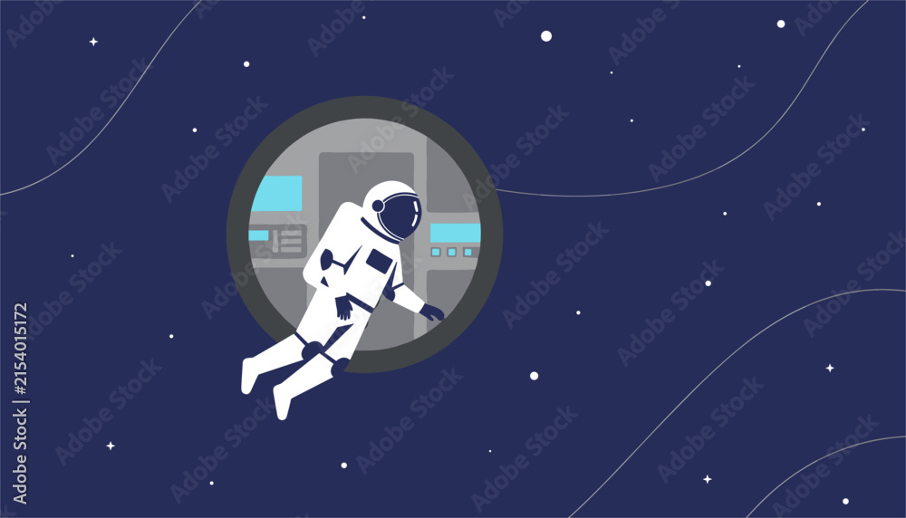 Fototapeta premium Astronaut in a white spacesuit floats gracefully in outer space next to a circular porthole window under a starry dark sky.