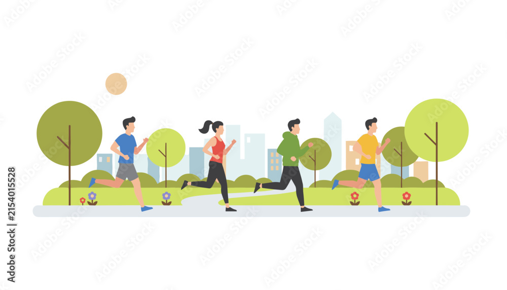 Fototapeta premium Multiethnic group of young active people running along track in city park on beautiful summer day.
