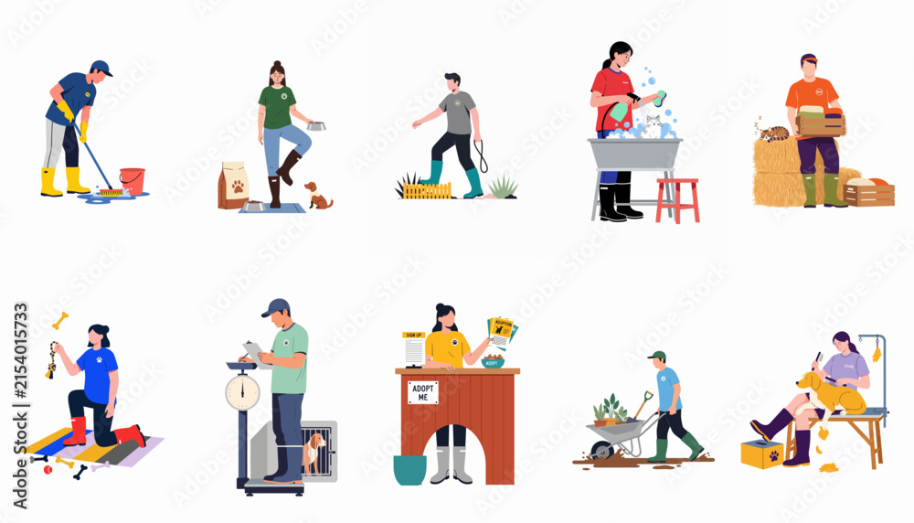 Fototapeta premium Collection of vector illustrations depicting various animal shelter and pet care activities such as cleaning, grooming, training, and vet services.