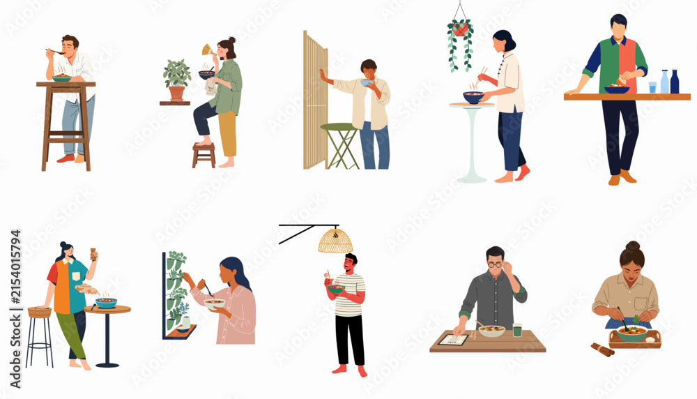 Fototapeta premium Collection of flat vector illustrations of people eating, drinking, and standing in domestic and casual settings on a white background.
