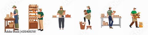 Collection of flat vector illustrations showing bakery and grocery store staff packing, stocking, and delivering fresh bread and food products.