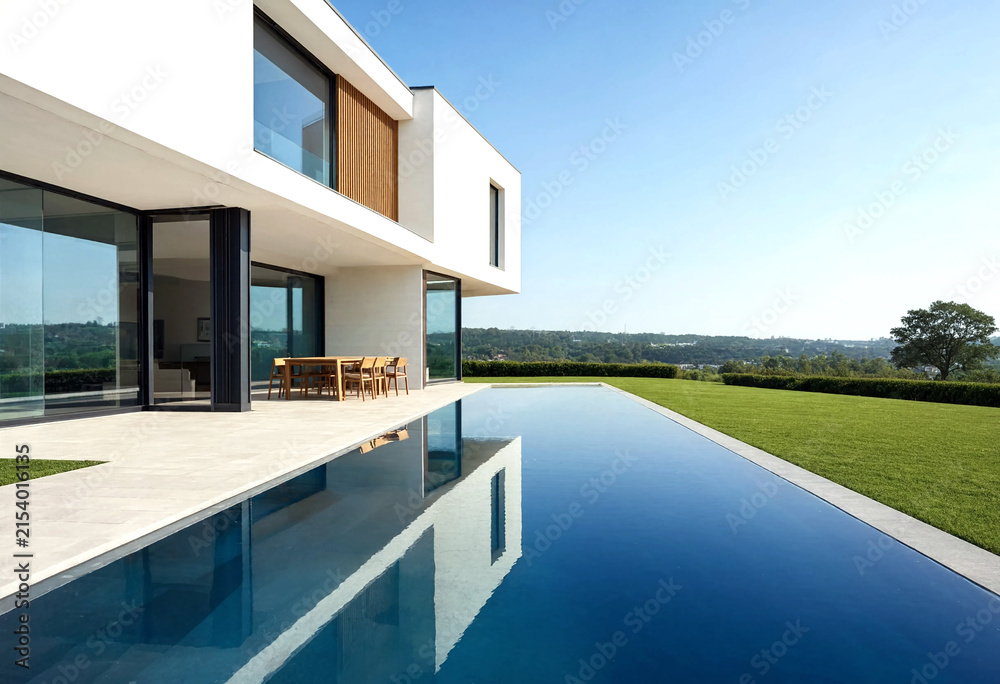 Fototapeta premium Modern luxury house with sleek design and infinity pool overlooking scenic green landscape under clear blue sky