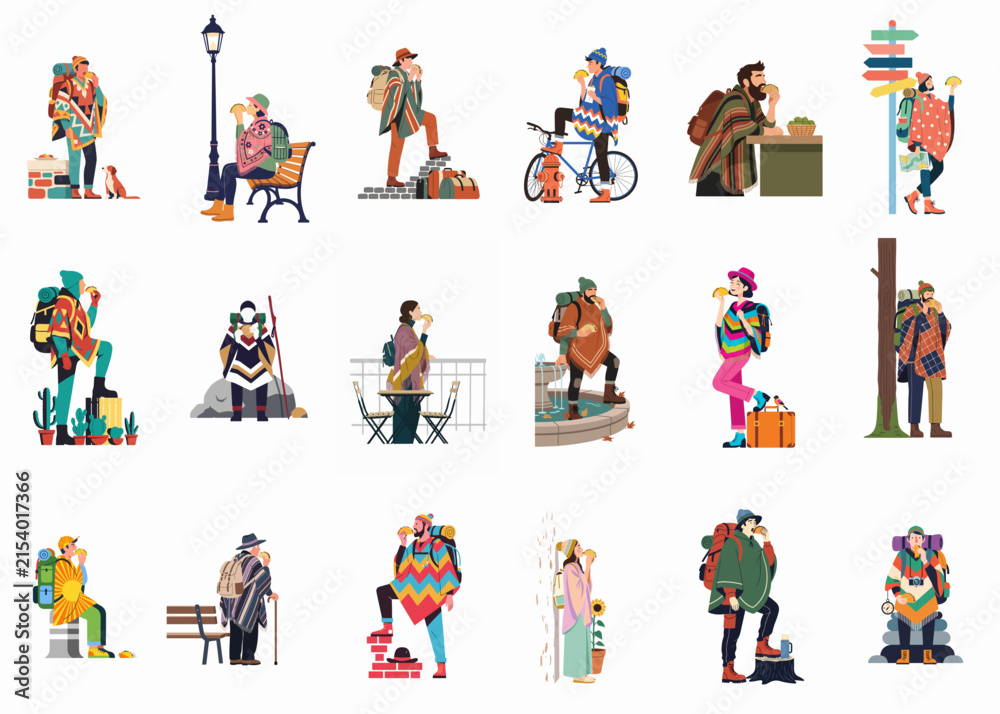 Fototapeta premium A collection of diverse backpackers and travelers character illustrations engaged in various outdoor and urban activities, set against a plain white background.