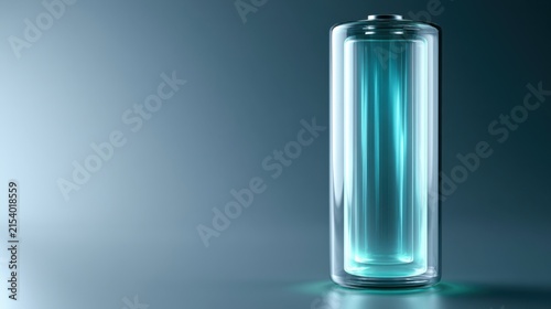 A glowing blue battery cell standing tall, its internal energy source visible through its translucent casing, emitting a soft light