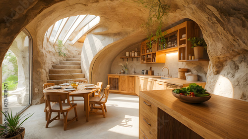 Unique Organic Cave-Style Kitchen with Earthen Walls and Curved Skylight