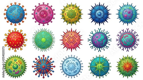 Set of colorful virus and bacteria cells icons isolated on a white background