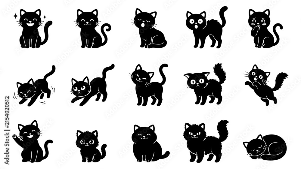 Obraz premium Set of cute black cat silhouettes showing various funny expressions and poses for creative design projects