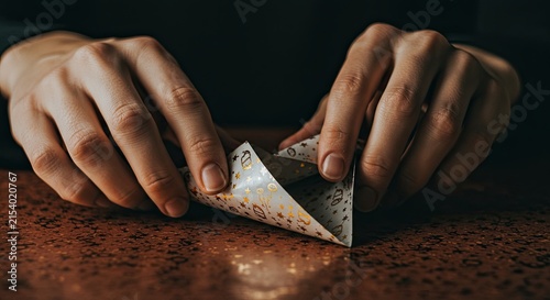 Hands Folding Patterned Paper Origami on Brown Surface Close Up
