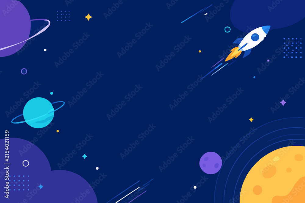 Fototapeta premium Futuristic rocket launching through vibrant cosmic space with planets and stars illustration