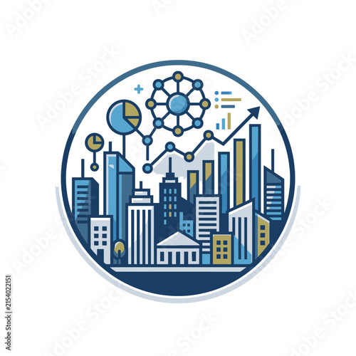 Circular financial city skyline with growth charts.