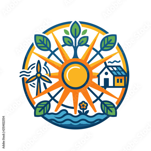 Circular emblem with sun wind and sustainable house icons.