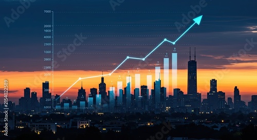 Uptrend Chart Over City Skyline at Sunset, Financial Growth Visualization