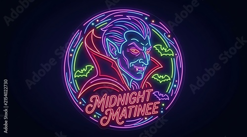 Vibrant neon vampire emblem for midnight matinee cinema event