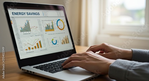 Hands Typing on Laptop with Energy Data Charts on Screen
