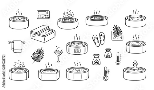 Hot Tub and Spa Wellness Line Icon Set with Jacuzzi Tub Thermometer Massage Towel and Relaxation Elements for Luxury Resort Designs