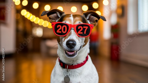 Happy dog wearing graduation cap with 2027 glasses in a festive hallway