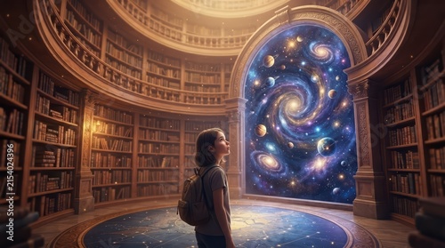 Woman admiring cosmic art in a grand library room illustration