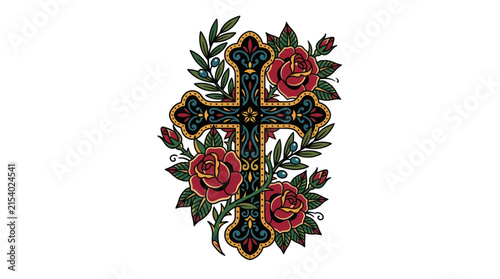 Ornate Cross with Red Roses and Green Leaves Illustration