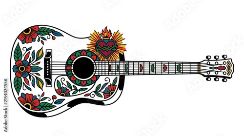 Ornate Acoustic Guitar with Floral Day of the Dead Art