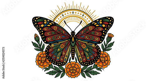 Ornate Butterfly with Sunburst and Marigolds