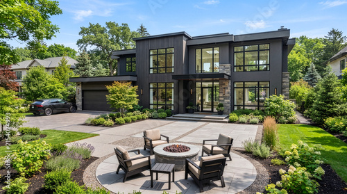 Luxury Modern Suburban House Exterior with Landscaped Yard and Fire Pit