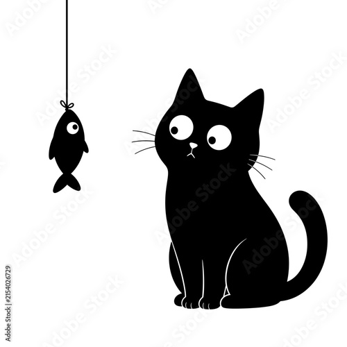 Obraz na plátně Minimalist black-and-white illustration of a curious black cat staring wide-eyed at a dangling fish, representing temptation, hunger, curiosity, and playful hunting instinct