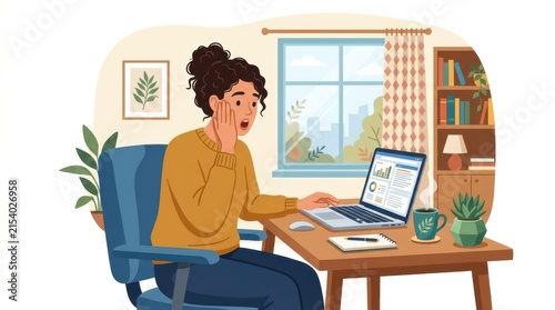 Surprised woman sitting at desk using a laptop in a home office