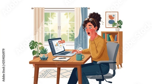 Shocked woman working on a laptop at her desk in a home office